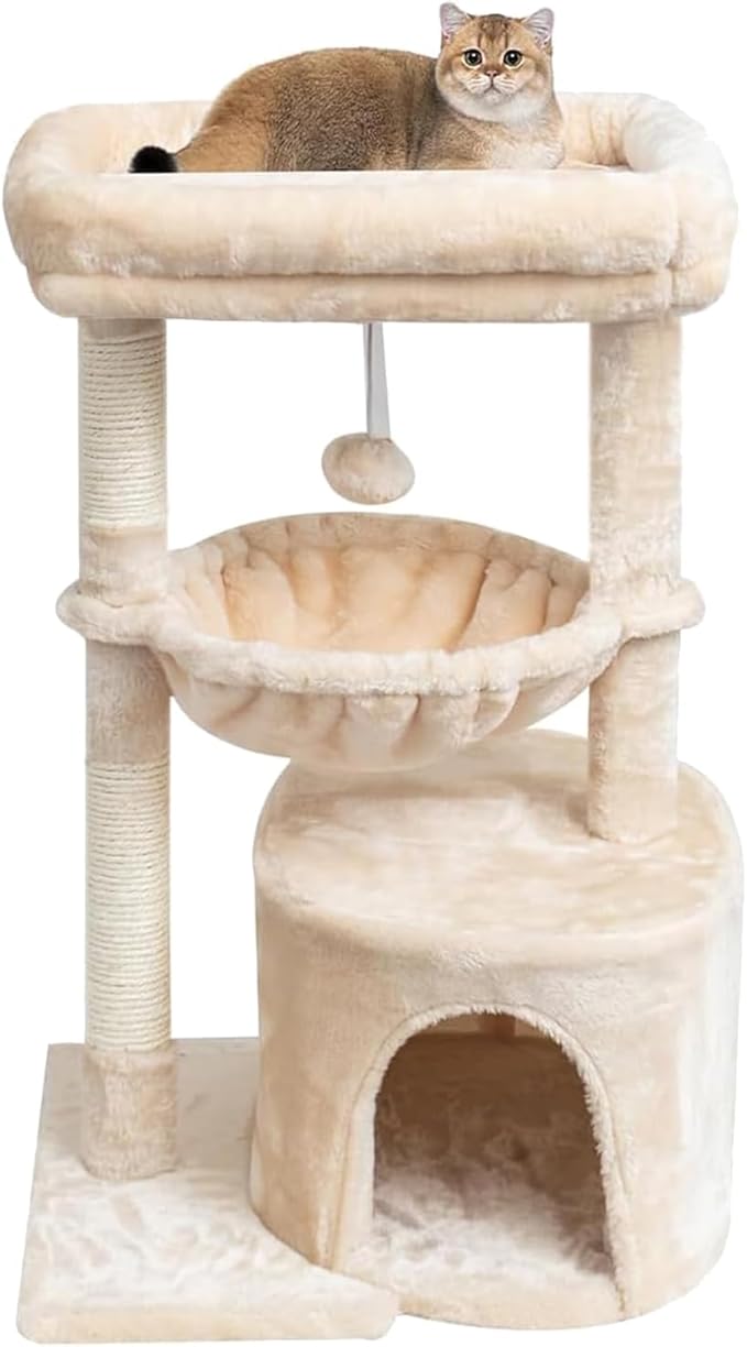 SYANDLVY Small Cat Tree for Indoor Cats, Kittens Condo with Scratching Post and Board, Modern Activity Tower with Cradle, Beige