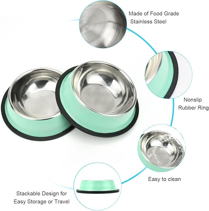 Stainless Steel Dog Bowls, Food and Water Non Slip Anti Skid Stackable Pet Puppy Dishes for Small, Medium and Large Dogs (2 Pack)