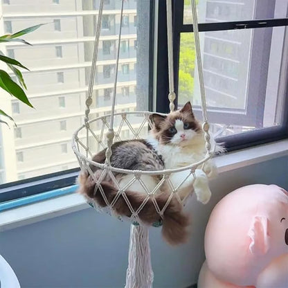Cat Hammock Bed,Handwoven Hanging Boho Cat Bed with Hanging Kit for Indoor Outdoor Home Decor Ceiling Catio Swing for Playing Sleeping Climbing and Lounging(16.14x43.3in)