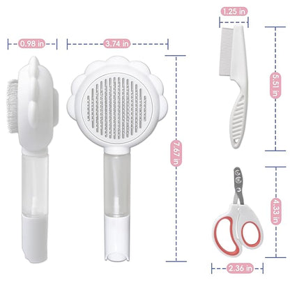 Cat Brushes For Indoor Cats, Cat Shedding Brush With Pet Flea Comb & Pet Nail Clippers, Slicker Brush For Dogs & Rabbit Grooming Kit, Spray Hair Removal Comb With Release Button & Visual Spray, White