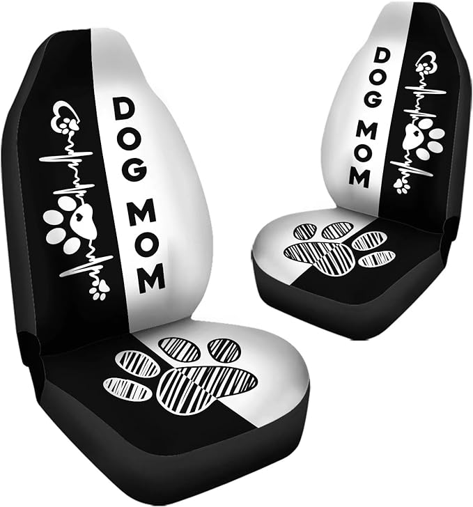 Black & White Dog Paw Printed Car Seat Cover Only for Front, 2-Piece Waterproof Soft Vehicle Bucket Seat Protetors Fits for Car SUV Sedan Truck