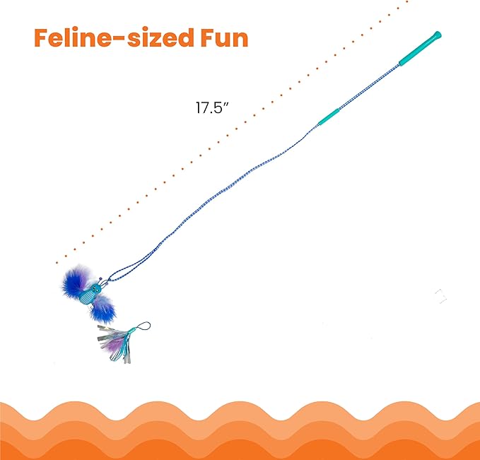 Catstages Tail Teaser Air Prey Cat Wand Toy for Indoor Cats, Interactive Cat Toy with 2 Feathered Catnip Toys, Crinkle Sounds, and Durable Rope for Leaping Play, Blue