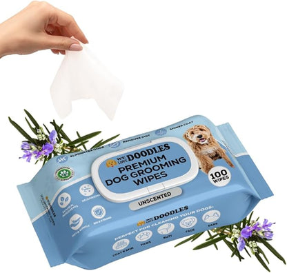 We Love Doodles Dog Wipes - Deodorizing & Cleaning Pet Wipes, for Coat, Face, Paws, Butt, & Body, Dog Essentials & Grooming Supplies, Made in USA, Unscented (100 Count)
