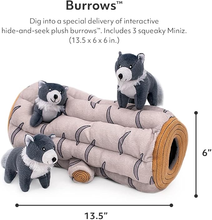 ZippyPaws Burrow- Interactive Dog & Puppy Toys for Boredom, Stimulating Pet Products to Keep Them Busy, Hide & Seek Plush Dog Puzzle, Enrichment Squeaky Toy, for Small & Medium Dogs- Arctic Wolf Log