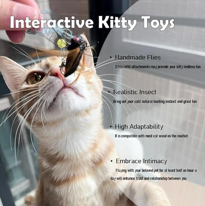 Cat Insect Feather Toys Replacement - 2 Pcs Handmade Natural Flies - Cat Toy Wand Refills - Interactive Kitten Teaser Wand Attachments - Cat Toys for Indoor Cats Play