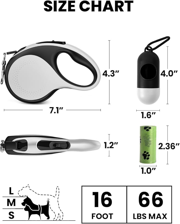 Retractable Dog Leash with Led Light, Douexio 16ft Rechargeable Walking Dog Leash for Small Medium Dogs Up to 66 lbs,360° Tangle-Free, One-Button Control, High Strength Hook