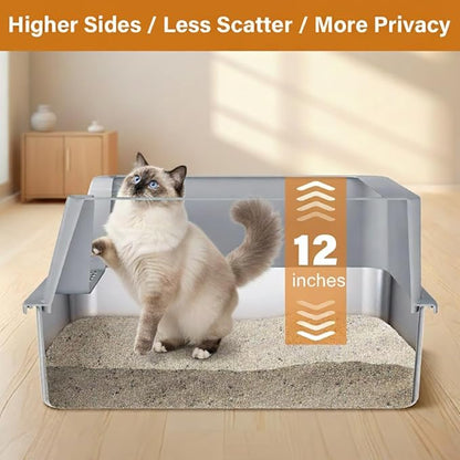 XL Stainless Steel Litter Box 2 Pack, 24x16x12 Inches Extra Large High Sided Metal Cat Litter Box with Lid, Easy Clean, Non Stick & No Smell