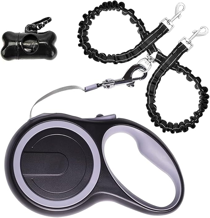 Dual Retractable Dog Leash for 2 Dogs (Grey) - 16ft Heavy Duty Leash with One Button Lock & 360° Tangle-Free Design, for Medium/Large Dogs up to 110lbs/50kg