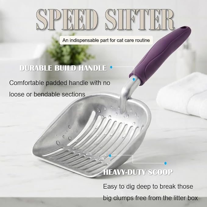 Heavy Duty Cat Litter Scoop with Holder - All Metal Cat Litter Scooper with Holder - Speed Sifter Litter Box Scooper Captures All Clumps - Aluminum Cats Litter Scooper (Purple)