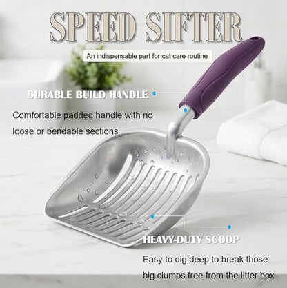 Heavy Duty Cat Litter Scoop with Holder - All Metal Cat Litter Scooper with Holder - Speed Sifter Litter Box Scooper Captures All Clumps - Aluminum Cats Litter Scooper (Purple)