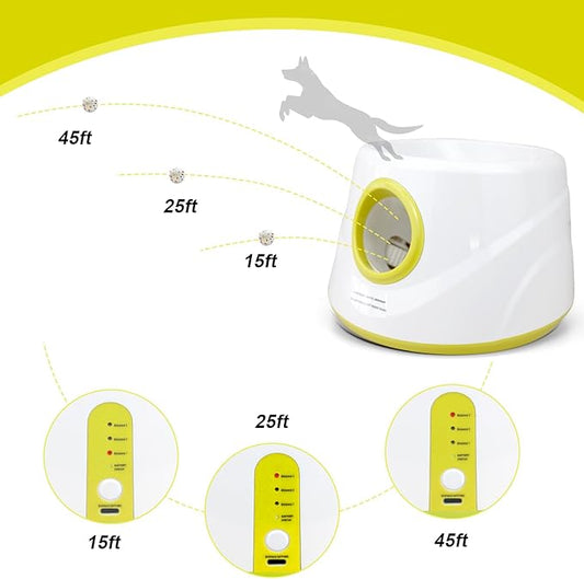 Automatic Dog Ball Launcher with 6 ETPU Balls, White, Adjustable Distance 20-45ft, USB Rechargeable, Interactive Pet Toys (Yellow)