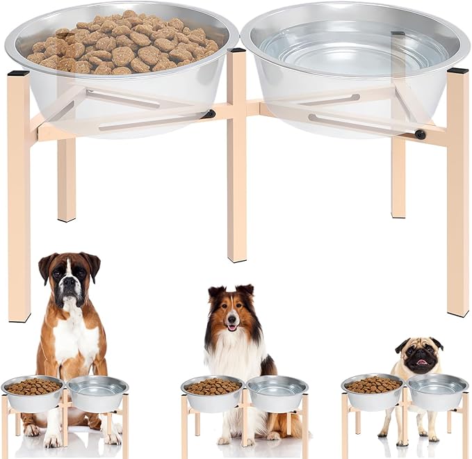 Adjustable Elevated Dog Bowl Stand, Metal Feeder Riser for Large Medium Dogs, Portable Travel Design, Slow Feeder Compatible (Without Bowls)