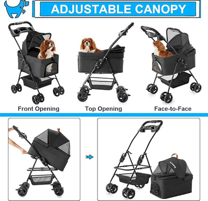 3-in-1 Pet Stroller for Small Dogs and Cats, Folding Lightweight Dog Stroller with Detachable Carrier Portable Cat Puppy Jogging Stroller with Cup Holder and Storage Basket, 4 Wheels