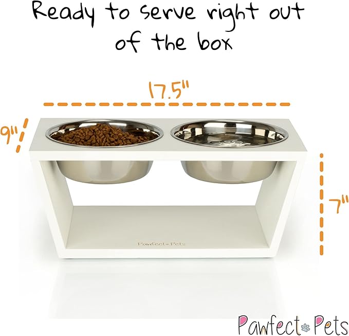 Pawfect Pets Elevated Dog Bowl Stand- 7" Raised Dog Bowl for Medium Dogs. Pet Feeder with Four Stainless Steel Bowls (White)