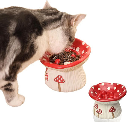 Ceramic Cat Slow Feeder, Cute Mushroom Shape Elevated Food Bowl, Shallow Raised Cat Dish, Anti Vomiting Whisker Fatigue Bowls