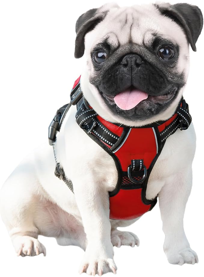 PHOEPET Reflective Dog Harness Large Breed Adjustable No Pull Vest with Handle 2 Metal Rings 3 Buckles [Easy to Put on & Take Off](L, Red)