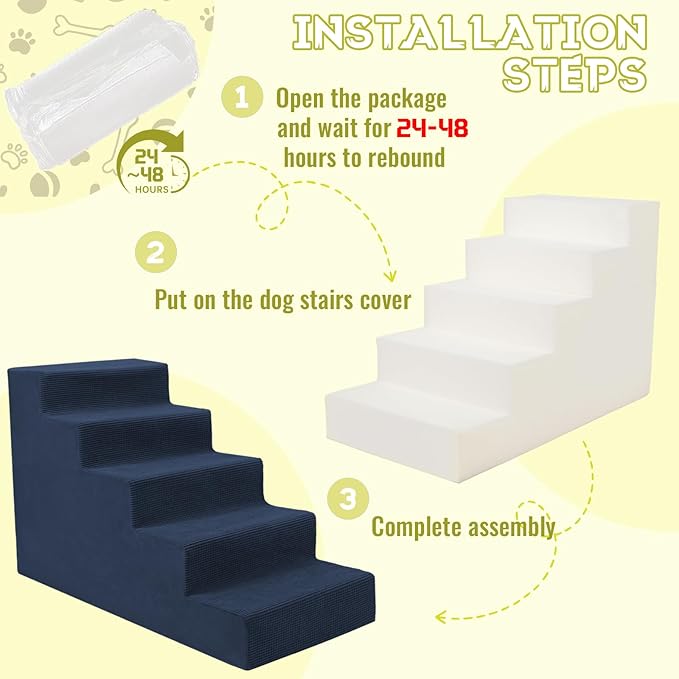 Niubya Dog Stairs for Small Dog and Cats,23”H Non-Slip Bottom Pet Steps for High Beds and Couch,High-Density Foam Pet Stairs Navy,5 Steps