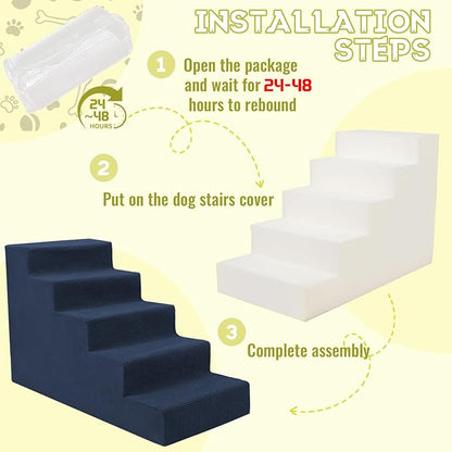 Niubya Dog Stairs for Small Dog and Cats,23”H Non-Slip Bottom Pet Steps for High Beds and Couch,High-Density Foam Pet Stairs Navy,5 Steps