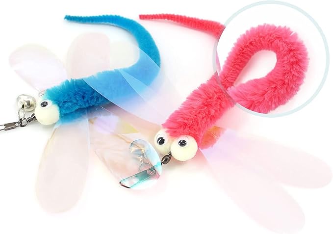 Cat Big Eye Dragonfly Toys Replacement Cat Toy Wand Refills, 6 Pieces Big Eye Dragonfly Cat Toy Feathers Refill, Interactive Cat Teaser Wand Attachments, with Bell