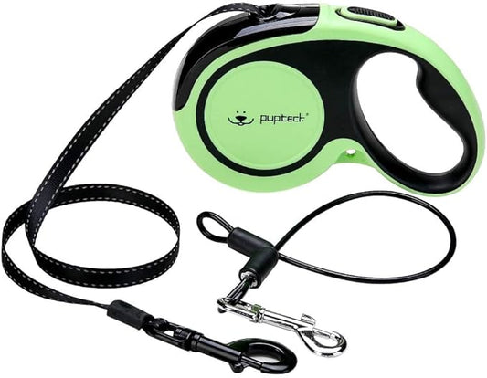 PUPTECK Chew Proof Retractable Dog Leash for up to 110lbs Small Medium Large Dogs, 16ft Reflective Extendable Dog Leash with 15in Durable Wire Rope for Training Walking Green