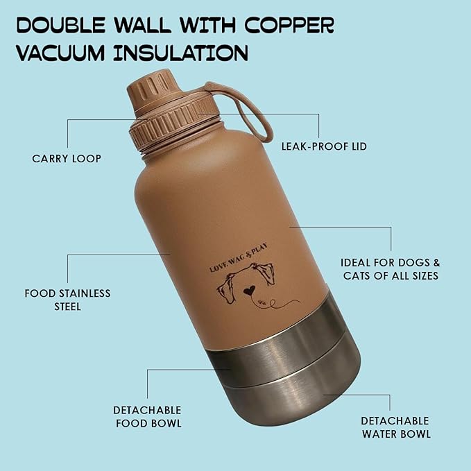 Love Wag & Play Dog Water Bottle with Food Bowls, Portable Stainless Steel Bottle for Dogs, Leakproof Travel Design with Detachable Bowls for Walks, Hikes and Outdoor Adventures (32 oz)