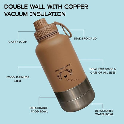 Love Wag & Play Dog Water Bottle with Food Bowls, Portable Stainless Steel Bottle for Dogs, Leakproof Travel Design with Detachable Bowls for Walks, Hikes and Outdoor Adventures (32 oz)