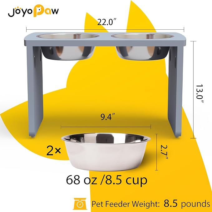 Elevated Dog Bowls, Bamboo Raised Dog Bowl for Large Dogs, with 2 Stainless Steel Bowls (13'' Tall-68oz Bowl, Grey)