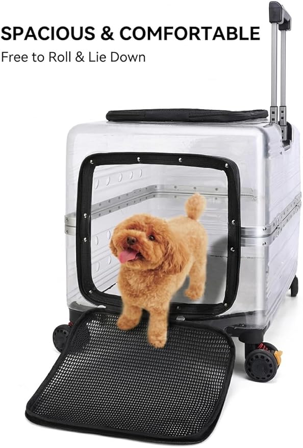 Large Capacity Transparent Pet Carrier with Wheels, Airline Approved Rolling Pet Travel Crate for Dogs & Cats, Portable Hard Shell Pet Luggage (Black)