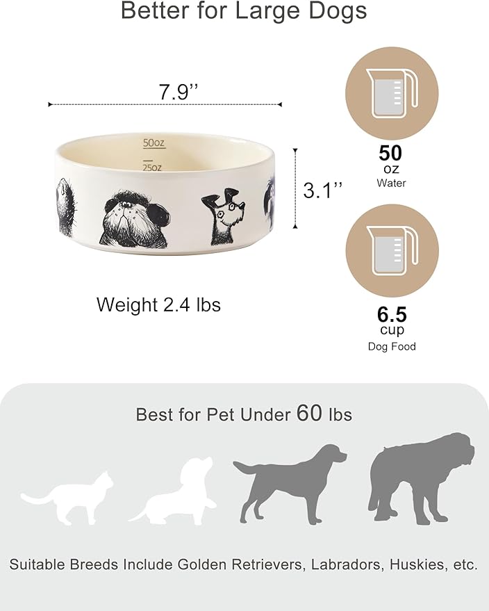 Ceramic Dog Bowl with Non-Slip Ring - 6.5 Cups, Heavy-Duty Stoneware Bowl, Pet Feeding, Microwave and Dishwasher Safe-Derpy-L (Single Bowl)