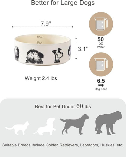 Ceramic Dog Bowl with Non-Slip Ring - 6.5 Cups, Heavy-Duty Stoneware Bowl, Pet Feeding, Microwave and Dishwasher Safe-Derpy-L (Single Bowl)