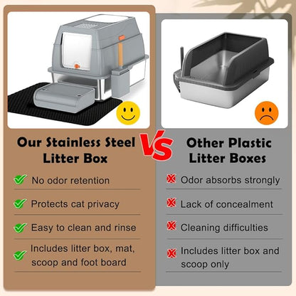 Vivifying Stainless Steel Litter Box with Lid, XL Front Entry Enclosed Extra Large Litter Box for Big Cats & Kitty, Top Exit Metal Cat Pan with Scoop, Mat, Trapping Step, Charcoal Filter (Gray)