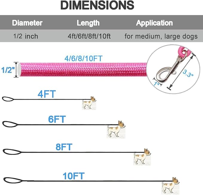 MayPaw 4/6 /8/10 FT Dog Leash, Classic Solid Colors, Strong Nylon Rope Dog Leash Reinforced with Leather Tailor Connection Heavy Duty Silver Clasp (Pink, 4ft*1/2")