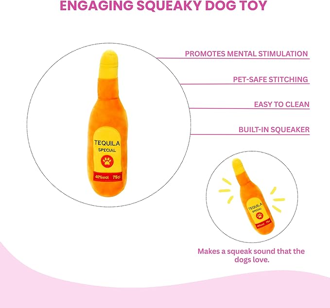 Glow Pups Tequila Dog Toy with Squeaker, Plush Alcohol Dog Toy for Playtime, Fun & Interactive, Ideal Dogs, 26 CM, Multicolor - Alcohol Parody Dog Toys