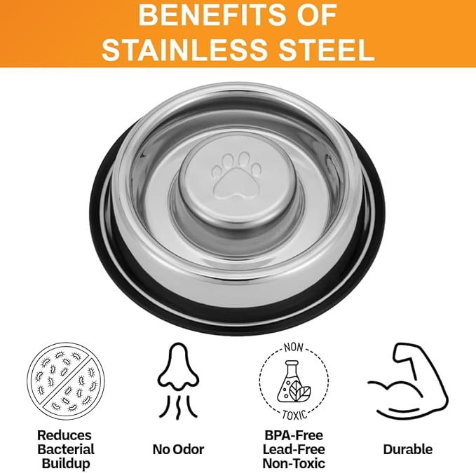 Neater Pet Brands Stainless Steel Slow Feed Bowl - Non-Tip & Non-Skid - Stops Dog Food Gulping, Bloat, Indigestion, and Rapid Eating (5 Cup)