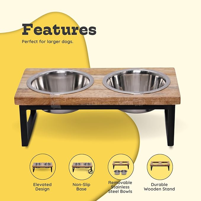 Elevated Dog Bowls, Medium 5.2 Height Mango Wood Raised Dog Bowl Iron Stand Frame with 64oz 2 Pcs Stainless Steel Pets Dishes, Food & Water 8Cup, 1.9L Capacity Nonslip Cat Feeding Station