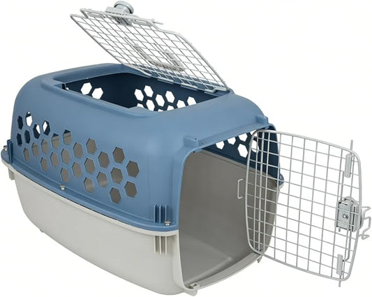 24 Inches Pet Kennel Carrier, Sturdy Portable 2-Door Top-Load Hard-Sided Pet Travel Carrier, Indoor & Travel Pet Cage, cat Kennel for Small Dogs & Cats, Blue and White