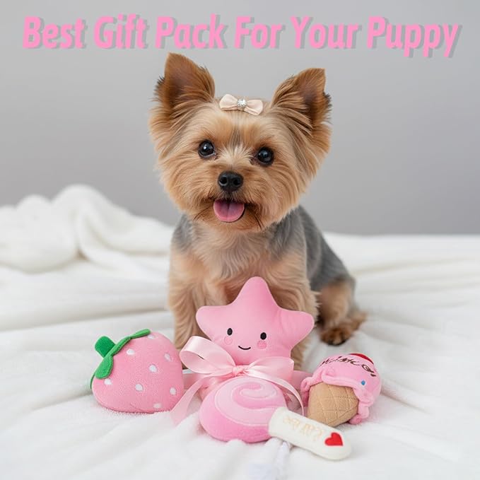 Small Dog Toys, 4 Pack Pink Dog Squeak Toys, Puppy Toys for Small Dogs, Durable Plush Dog Toy Set, Soft Dog Chew Toys for Puppies & Small Dogs, Dog Stuffed Toys Gift Pack