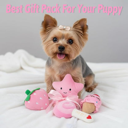 Small Dog Toys, 4 Pack Pink Dog Squeak Toys, Puppy Toys for Small Dogs, Durable Plush Dog Toy Set, Soft Dog Chew Toys for Puppies & Small Dogs, Dog Stuffed Toys Gift Pack