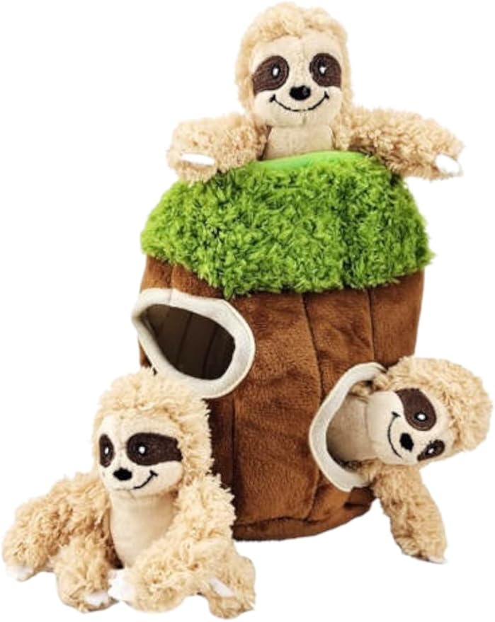 Glow Pups Hide and Seek Dog Toy, Interactive Burrow Dog Toy with Squeaker, Plush Sloth in Tree Trunk, Promotes Mental Stimulation, Easy to Clean, Small 8 x 5.5 inches, Brown (Small Sloth Tree)