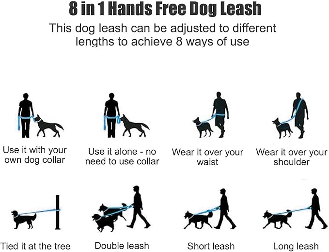 Mile High Life Hands Free Dog Leash, Crossbody Waist Leash with Genuine Leather Connection, Multifunctional Adjustable Slip Lead for Dog Walking Running (Blue Gray, 8FT)