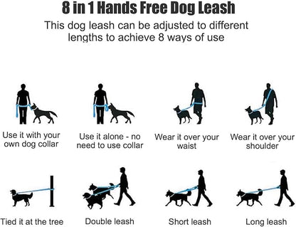 Mile High Life Hands Free Dog Leash, Crossbody Waist Leash with Genuine Leather Connection, Multifunctional Adjustable Slip Lead for Dog Walking Running (Blue Gray, 8FT)