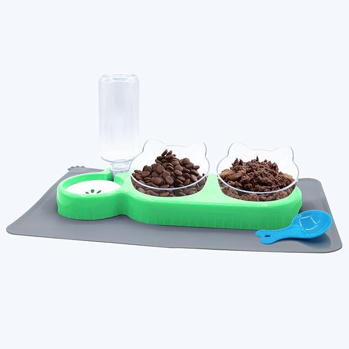 Triple Cat Bowls with Water Dispenser, Pet Whisker Friendly Water and Food Bowl Set with Non-Slip Mat, 15° Tilted Double Feeding Bowls, Elevated Wet and Dry Food Dish for Kitten&Small Dog (Mint)