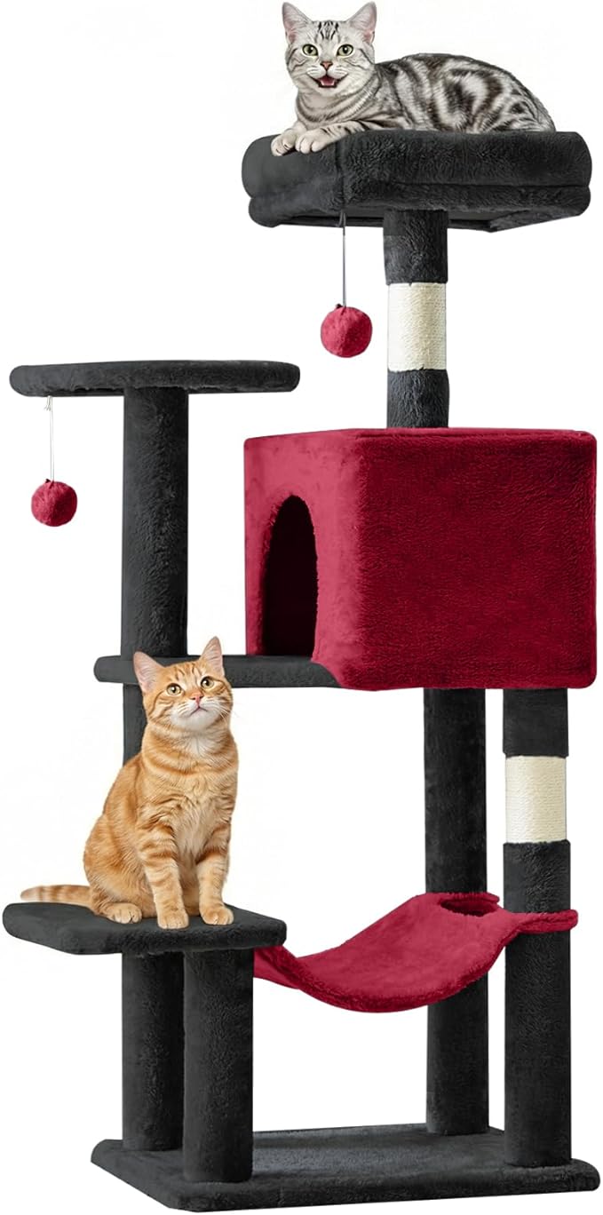DUMOS Small 44 Inch Cat Tree Tower, Cat Climbing Tower with Natural Sisal Scratching Posts, Hammock, Pet Condo for Indoor Cats and Kittens Play, Black and Red
