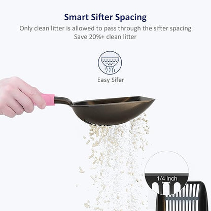 WePet Cat Litter Scoop, Non-Stick Plated Aluminum Alloy Sifter, Kitty Durable Metal Scooper, Deep Shovel, Long Handle, Kitten Pooper Lifter, Size Large, Coated Black Body with Pink Handle