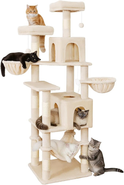 AMHANCIBLE Cat Tree, 70 Inch Cat Tower for Indoor Cats, Multi-Level Cat Tree with Scratching Post, Hammock, Hanging Basket, Large Cat Condos for Adult Cats Kittens, Beige, PT18BG