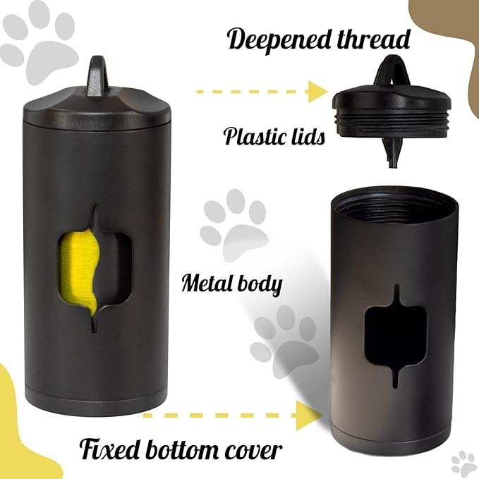 Metal Dog Poop Bag Holder w/Leash Clip|Durable Scratch-Resistant Aluminum|15 Bags+3 Accessories(Black)
