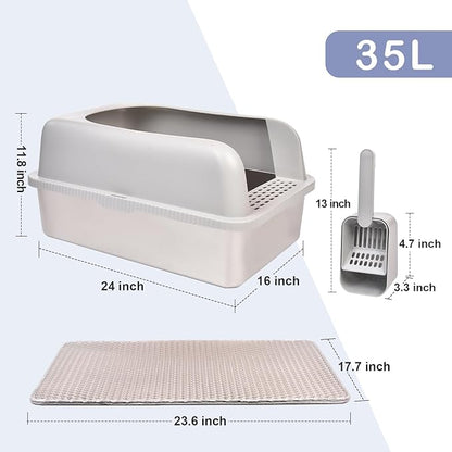 Henkelion Stainless Steel Cat Litter Box with Lid, 24" L x 16" W x 11.8" H, Extra Large Litter Box for Big Cats with High Sided, Anti-Urine Leakage, Easy Cleaning, Include Cat Mat and Scoop