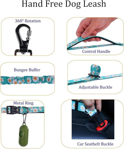Hands Free Dog Leash, No Pull Bungee Dog Running Waist Leash, with Car Seat Belt, Reflective Stripes, Heavy Duty for Medium and Large Dogs. (Daisy Green, Large)
