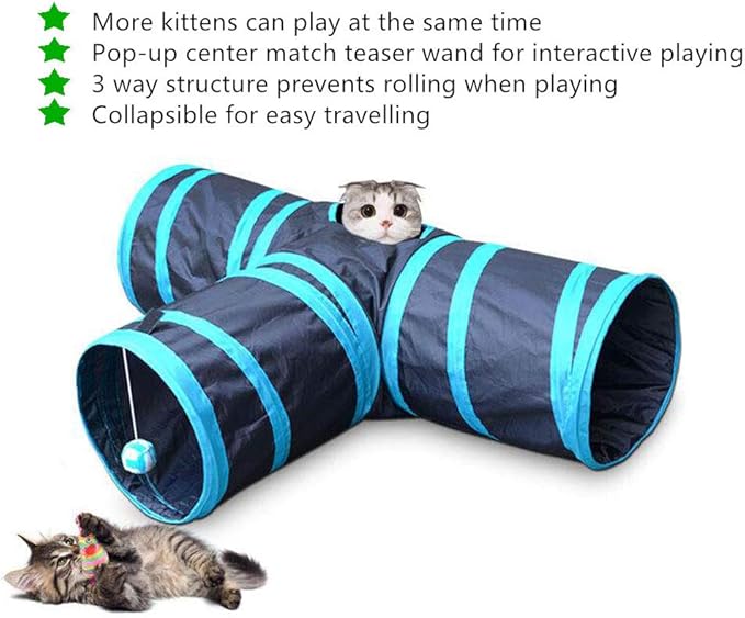 24 Cat Toys Kitten Catnip Toys Variety Pack - 3 Way Tunnel, Interactive Wand, Fish, Mouse, Crinkle Balls, Kitty Chew Toys, Feather - Deluxe Toy Set for Christmas Birthday, Color Random
