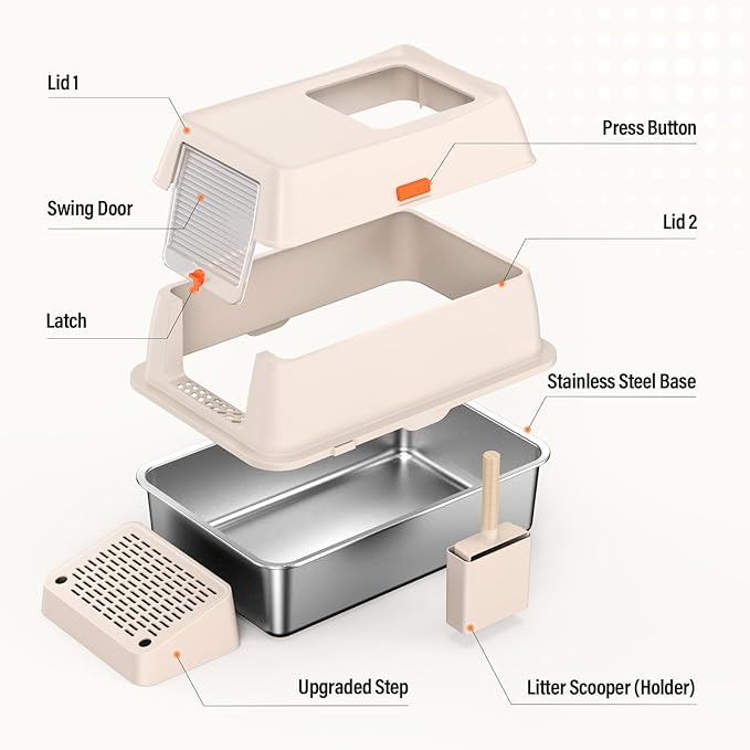 Removable Stainless Steel Cat Litter Box with lid, Front & Top Entry Kitty LitterBox，Cat Litter Box Enclosure, XL Extra Large High-Sided Metal Cat Box with Scoop,Mat,Footboard (Cream)